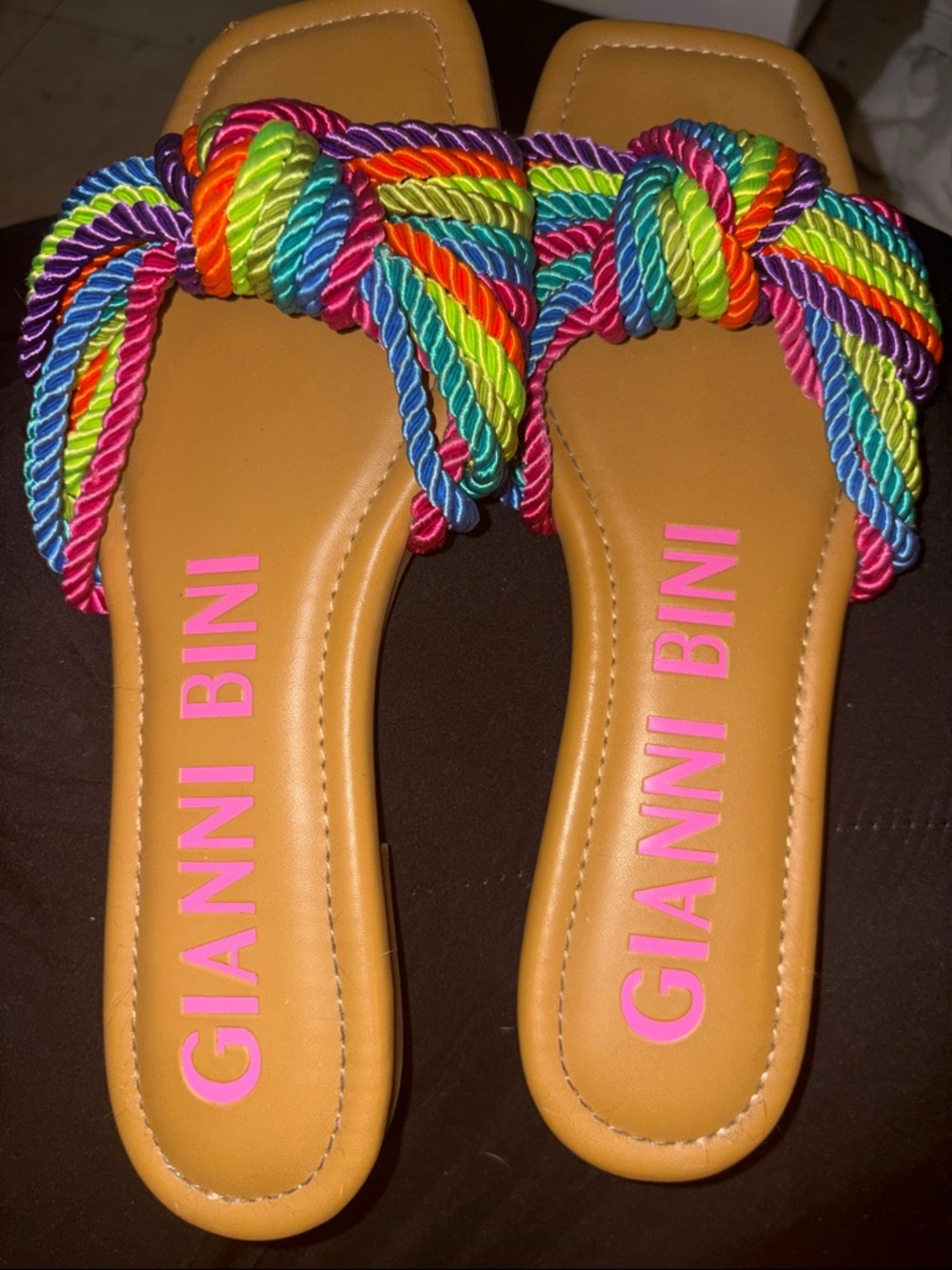Gianni Bini Tan Slides with Multicolor Knotted Rope Straps
